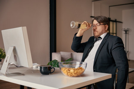 Businessman alcoholic fooling around with empty bottle at home officeの写真素材