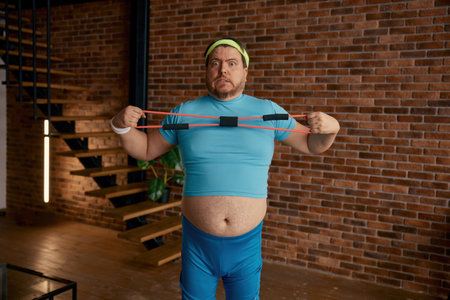 Funny chubby man in sportswear fooling around with fitness equipmentの写真素材