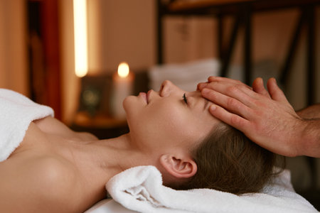 Side view tranquil female patient sleeping under therapist hands on foreheadの写真素材