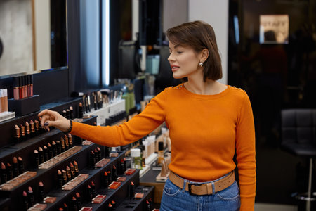 Attractive lady in cosmetics shop looking for lipstickの写真素材