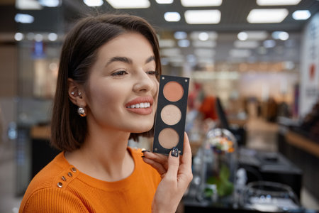 Woman customer choosing face blush holding it close to face