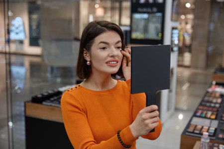 Woman in cosmetics shop looking at herself in mirrorの写真素材