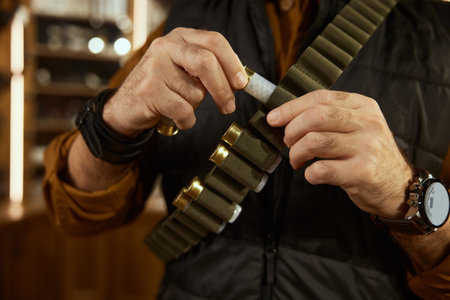 Hunter hands placing bullets into the ammo belt closeupの写真素材