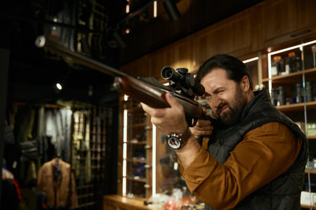 Man hunter customer aiming gun while choosing ammunition in weapon storeの写真素材
