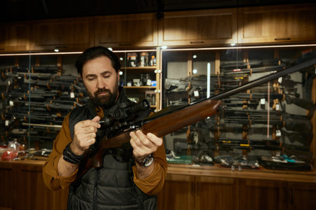 Man entrepreneur checking gun aiming telescopic sight at weapon store
