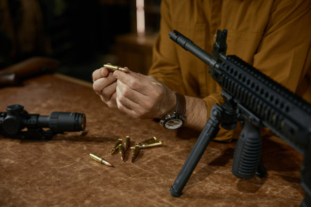 Adult man holding bullets for automatic gun rifle in weapon shopの写真素材