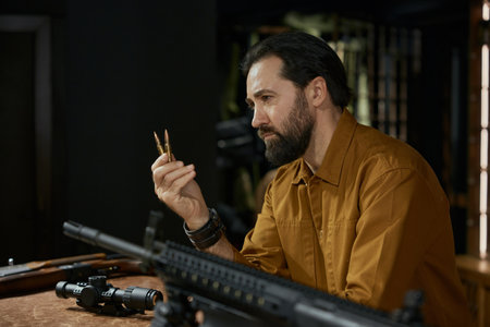 Adult man holding bullets for automatic gun rifle in weapon shop