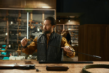 Weapon shop owner cleaning gun with brush preparing goods for sale
