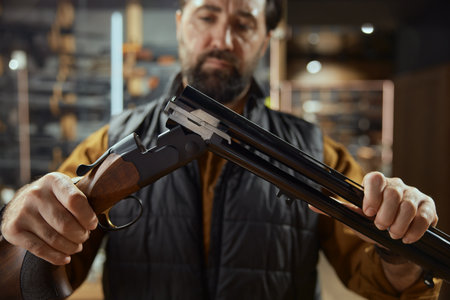 Man working in weapon shop preparing high quality munitions for sale