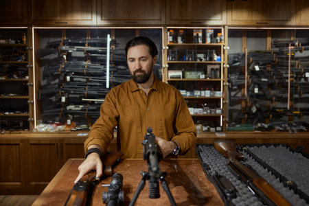 Experienced salesman showing new gun machine for clients