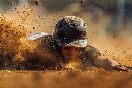 Professional baseball player sliding to base. Dirt flying and intense concentration on their face, capturing the speed and determination. Generative AIの素材