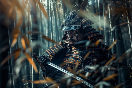 Epic samurai in full traditional armor, standing in a serene bamboo forest. Mature alone pensive man outdoor. Generative AIの素材