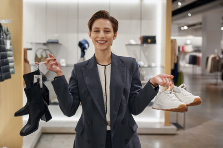 Portrait of satisfied woman customer holding shoes from new collectionの写真素材