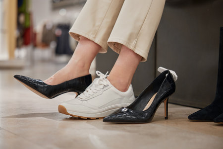 Shopping at footwear showroom concept, shot with female legs view