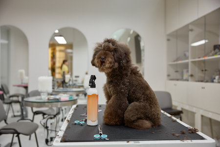 Happy fluffy dog sitting on grooming table after beauty procedureの写真素材