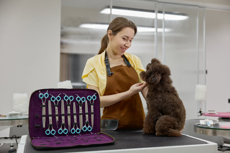 Portrait of professional pet groomer and cute poodle dog after fur treatmentの写真素材