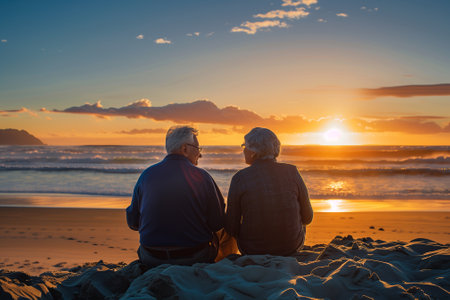 Lovely senior couple sitting together on a beach, golden hour, peaceful mood. Mature man and woman resting at sunny day together. Generative AIの素材