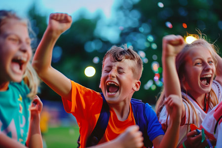 Excited children celebrating a goal in a park, with happy expressions. Young happy boys enjoying the victory together. Generative AIの素材
