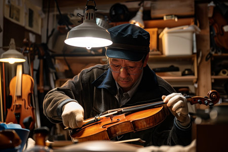 Technician checking sound quality of a repaired instrument in a workshop. Mature man preparing instruments for playing. Generative AIの素材