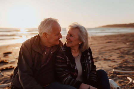 Senior couple sitting together on a beach, golden hour, peaceful mood. Mature man and woman resting at sunny day together. Generative AIの素材