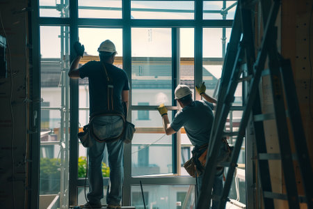 Workmen installing a window frame at a building site, construction site. Two workers working in team. Generative AIの素材