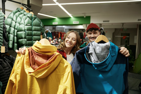 Man and woman couple searching outwear for winter tour trip