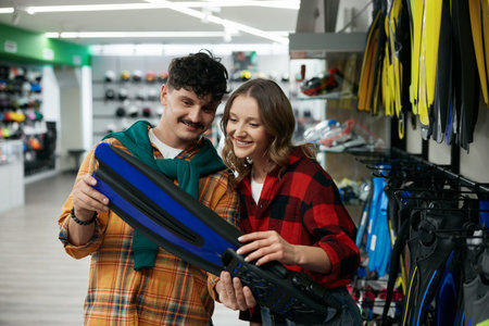 Young man and woman choosing diving tools looking for flippers at shopの写真素材