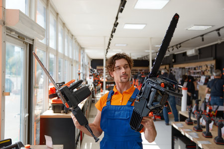 Male worker in uniform choosing modern electric chain sawの写真素材