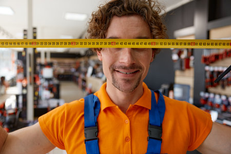 Portrait of young man hardware store consultant holding measuring tape