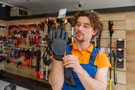 Handsome young hardware store owner putting on construction gloves