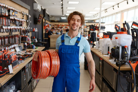 Man buying replaceable watering hose equipment at hardware storeの写真素材