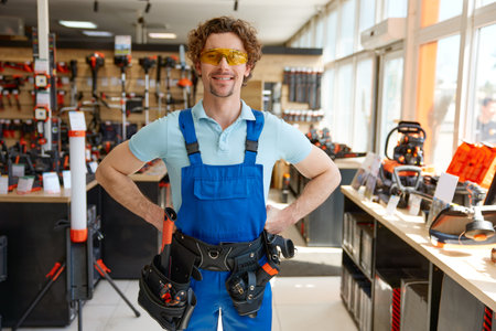 Portrait of well-equipped mechanic worker wearing uniform and tools beltの写真素材