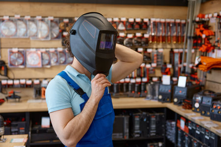 Workman in overalls choosing protective plastic welding mask at hardware storeの写真素材