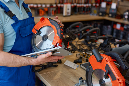Closeup workman holding circular saw in hands choosing new electric toolの写真素材