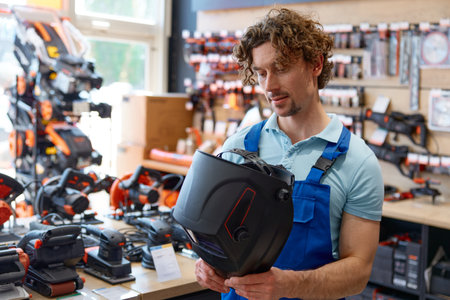 Workman in overalls choosing protective plastic welding mask at hardware storeの写真素材