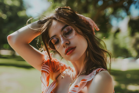 Model at a park, wearing a casual outfit and accessories with natural makeup and a simple hairstyle. Cute woman resting at nature alone. Generative AIの素材