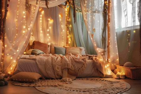Cozy bedroom setting with a canopy bed and plush rugs, adorned with fairy lights and decorative pillows. Charming room with garland decorated. Generative AIの素材