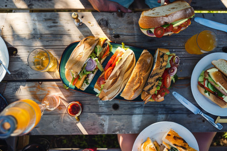 Lots of sandwiches at a picnic. Ambient lighting and overhead view with plates, glasses, and vibrant colors on a wooden table. Generative AIの素材
