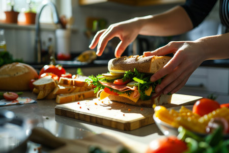 A vibrant and lively kitchen scene featuring a delicious veggie sandwich being thoughtfully prepared. Generative AIの素材