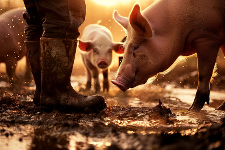 Farmer feeding pigs in a sty at sunset during summer with rainy weather. Generative AIの素材