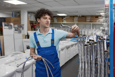 Man plumber holding plumbing hoses at shopping mallの写真素材