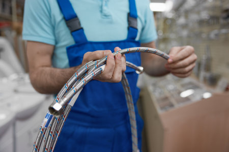 Cropped shot of man plumber holding plumbing hoses at shopping mallの写真素材