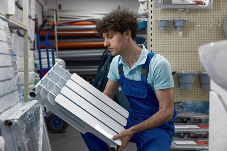 Portrait of plumber holding section of radiatorの写真素材