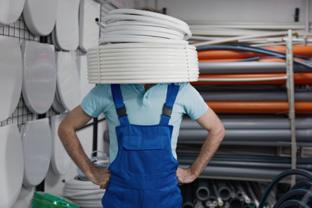 Portrait of comic plumber in overalls standing with water hoses on head