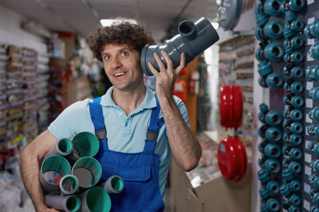 Portrait of happy smiling plumber holding pipes of different shapesの写真素材