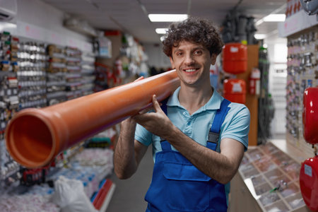 Waist portrait of smiling plumber carrying pipe for water supply or heating systemの写真素材