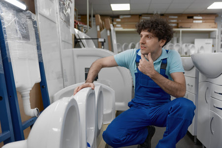 Plumber choosing new ceramic lavatory bowl at plumbing shopの写真素材
