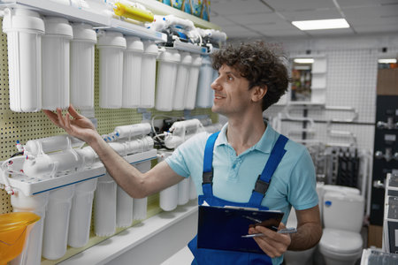 Shop assistant checking filter equipment assortment at plumbing store displayの写真素材