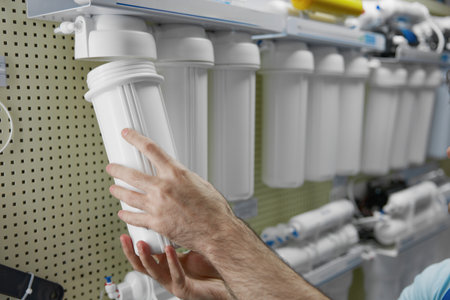 Shop assistant checking filter equipment assortment at plumbing store display