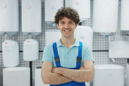 Portrait of friendly smiling salesman advisor selling water heating tanksの写真素材
